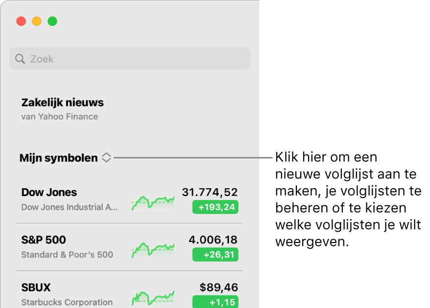 Het volglijstvenstermenu boven aan de navigatiekolom met de naam van de huidige volglijst.