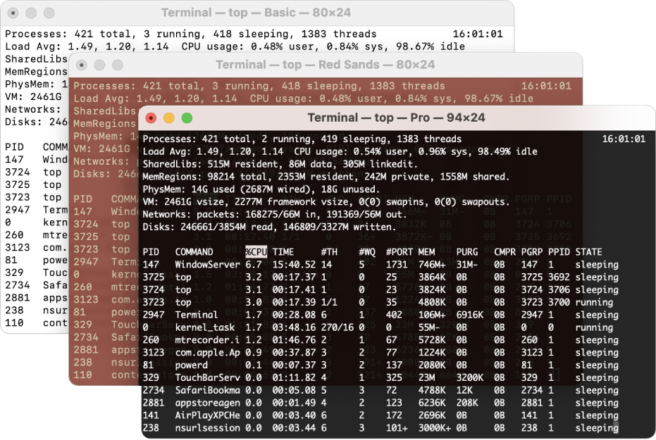 Three Terminal windows, each with a different background colour.