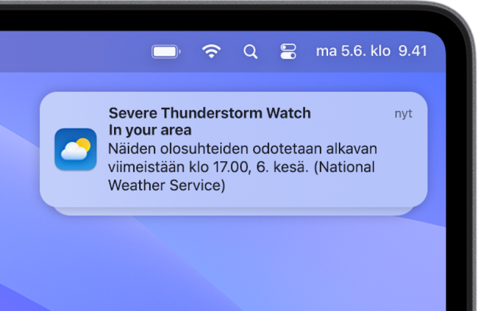 Ilmoituksessa näkyy National Weather -palvelun varoitus kovasta ukkosmyrskystä.