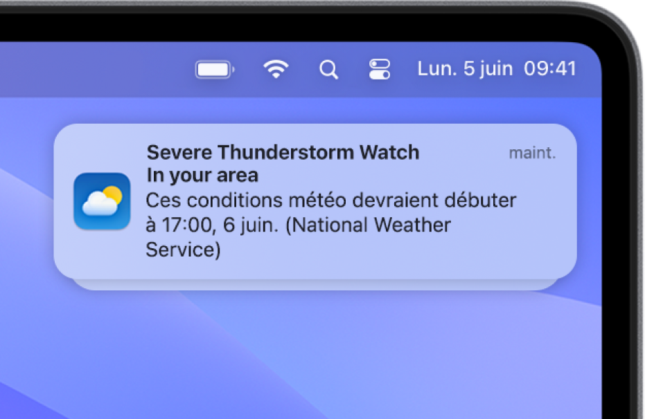 Une notification affichant une alerte du service météo national signalant un orage important.