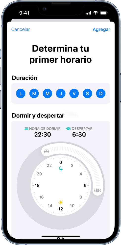 La pantalla Determina tu primer horario.