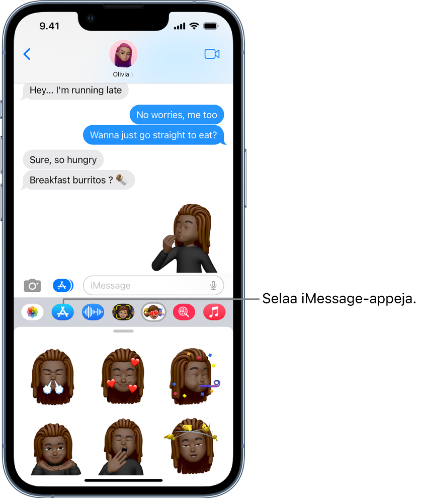 Viestit-keskustelu, jossa Memoji-iMessage-appikuvake on valittuna, ja Memoji-tarrat näytön alareunassa.