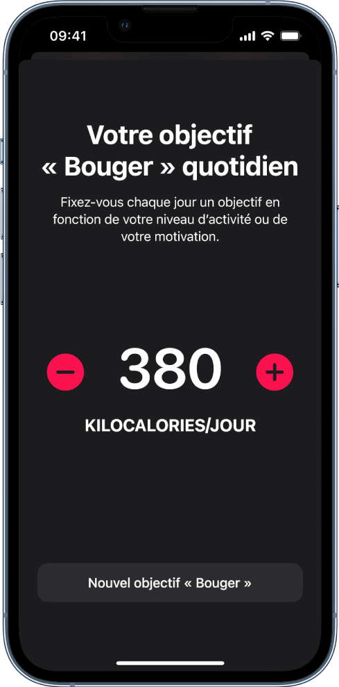 L’écran « Nouvel objectif “Bouger” » affichant un objectif Bouger et des boutons permettant d’augmenter ou de diminuer l’objectif.