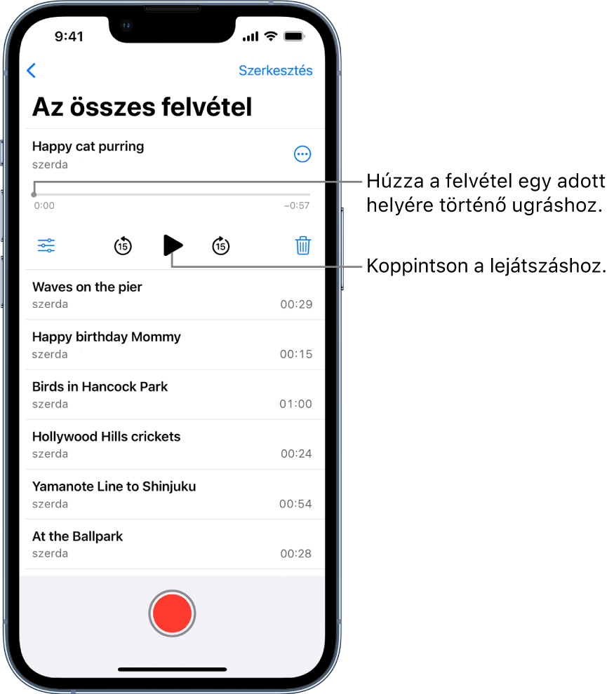 A hangjegyzetek listájának képernyője, amelynek tetején ki van jelölve egy felvétel. A felvételi idővonalon egy lejátszófej látható, amely elhúzásával a felvétel egy adott részéhez ugorhat. Az idővonal két végén a kezdési és befejezési idők láthatók. Az idővonal felett a További műveletek gomb látható, amelyre koppintva használhatja a felvételek másolását, megosztását, szerkesztését vagy megkettőzését, valamint egyéb műveleteket. Az idővonal alatt látható a Lejátszás beállításai gomb, amellyel a lejátszás beállításai adhatók meg, ezenkívül a 15 másodperccel előre- vagy visszafelé történő navigálásra használható gomb, a lejátszás gomb és a törlés gomb. A vezérlők alatt található listán egyetlen koppintással megnyithatja a felvételeket.