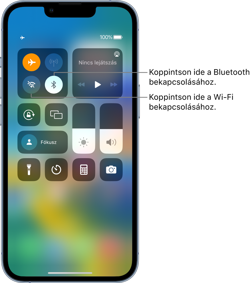 A Vezérlőközpont, amelyben a repülőgép mód be van kapcsolva. A Vezérlőközpont bal felső sarkában a Wi-Fi és a Bluetooth bekapcsolásához használható gombok láthatók.