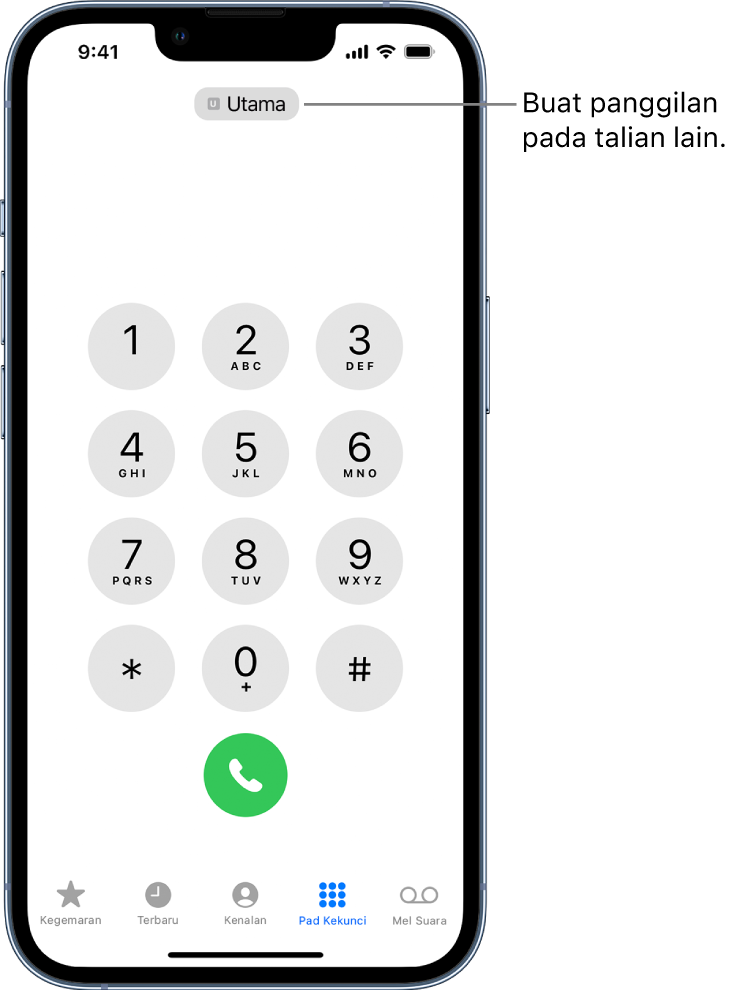 Pad kekunci Telefon. Di sepanjang bahagian bawah skrin, tab dari kiri ke kanan ialah Kegemaran, Terbaharu, Kenalan, Pad Kekunci dan Mel Suara.