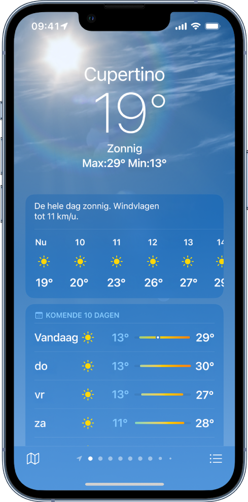 Het Weer-scherm, met van boven naar beneden de locatie, de huidige temperatuur, de hoogste en laagste temperatuur voor vandaag en de weersverwachting per uur en voor de komende 10 dagen. Een rij punten onderin in het midden geeft het aantal locaties in de lijst met locaties aan. Rechtsonderin staat de knop 'Locatielijst' en linksonderin de knop 'Toon kaart'.