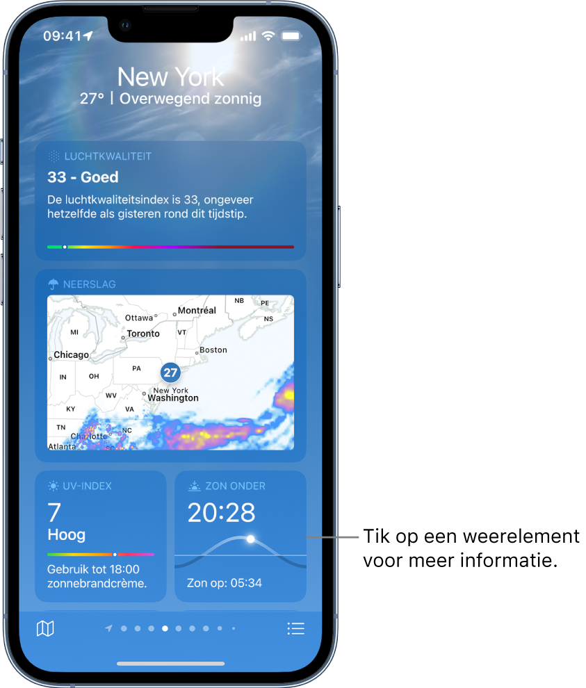 Het Weer-scherm, met de locatie bovenaan en de huidige temperatuur en weersomstandigheden. Daaronder staan weerdetails met betrekking tot de luchtkwaliteit, de neerslag, de UV-index en het tijdstip van zonsondergang.