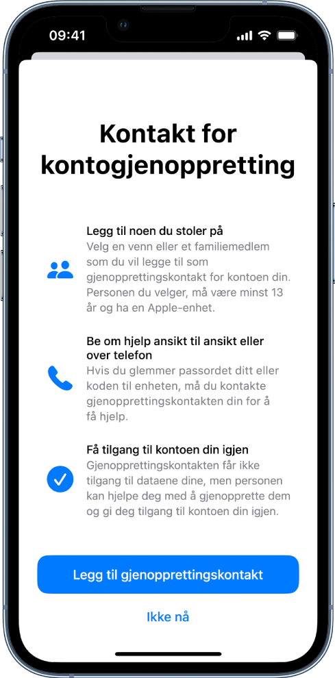 Kontakt for kontogjenoppretting-skjermen med informasjon om funksjonen. Legg til gjenopprettingskontakt-knappen er nederst.