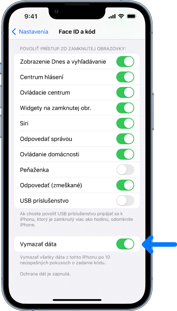 Ovládací prvok Vymazať dáta umiestnený naspodku obrazovky Face ID a kód v Nastaveniach.