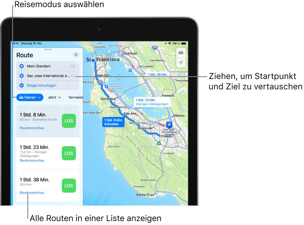 Eine Karte zeigt drei Fahrtrouten von San Francisco zum San Jose International Airport. Die schnellste Route ist ausgewählt.