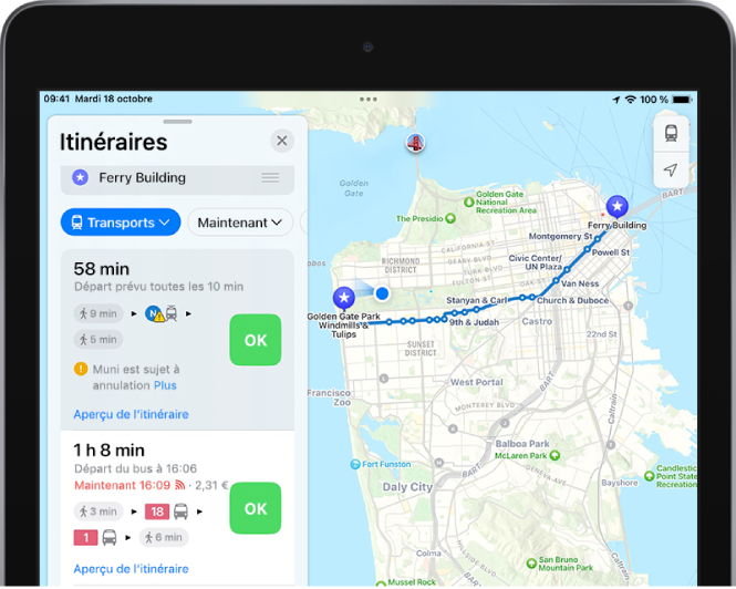 Un plan affichant un itinéraire en transports en commun. Une fiche d’itinéraire sur la gauche comprend des boutons Aller pour plusieurs options de l’itinéraire.