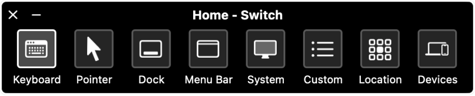 Domovský panel Switch Control obsahujúci (zľava doprava) tlačidlá na ovládanie klávesnice, kurzora, Docku, lišty, systémového ovládania, vlastných panelov, umiestnenia obrazovky a ostatných zariadení.