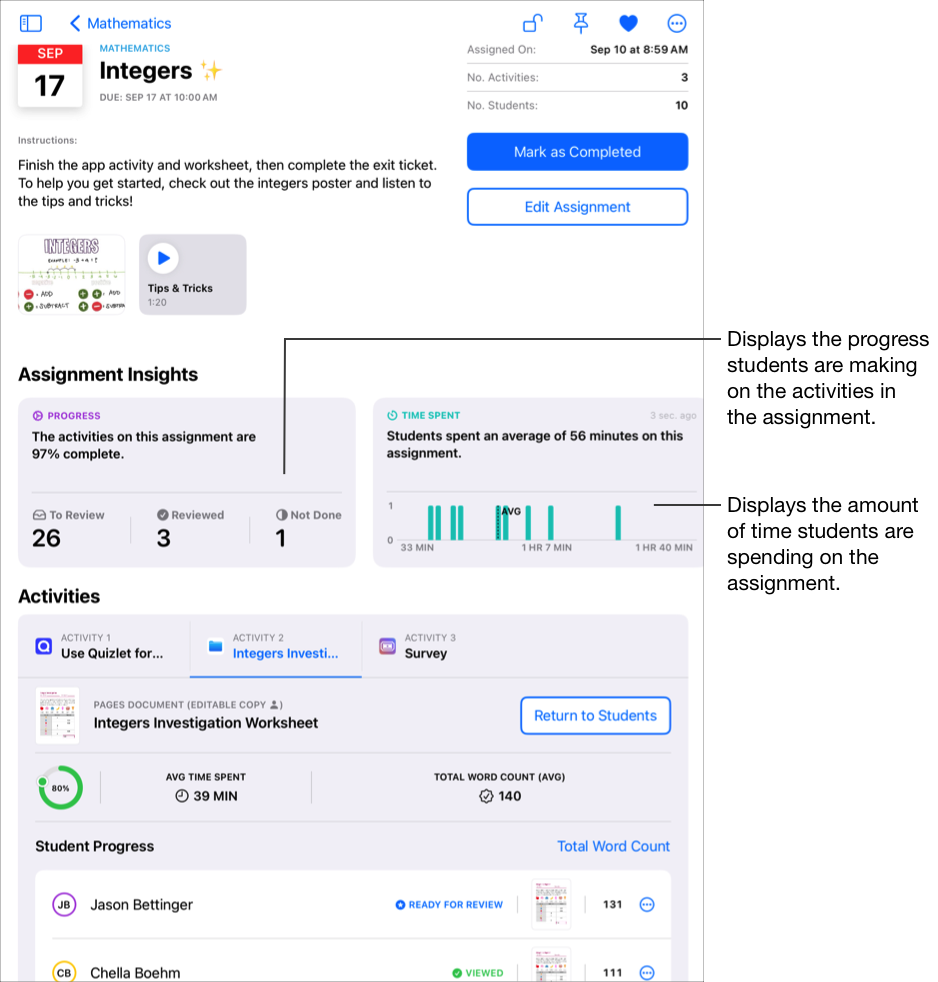 نموذج لطريقة عرض تفاصيل الواجب يعرض بيانات التقدم التفصيلية للنشاط المختار، بما في ذلك النسبة المئوية للاكتمال ومتوسط الوقت المستغرق ومتوسط إجمالي عدد الكلمات للحصة. تعرض بطاقة مستوى التقدم ما أحرزه الطلاب من تقدم في الأنشطة المضمنة في الواجب. تشير بطاقة إحصائيات الوقت المقضي إلى الوقت الذي استغرقه الطلاب في الواجب.