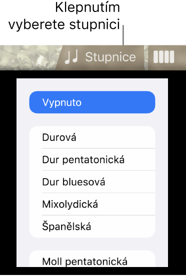 Tlačítko Stupnice a seznam stupnic u basy