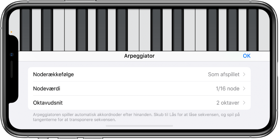 Keyboard-betjeningsmuligheder til arpeggiatorfunktion