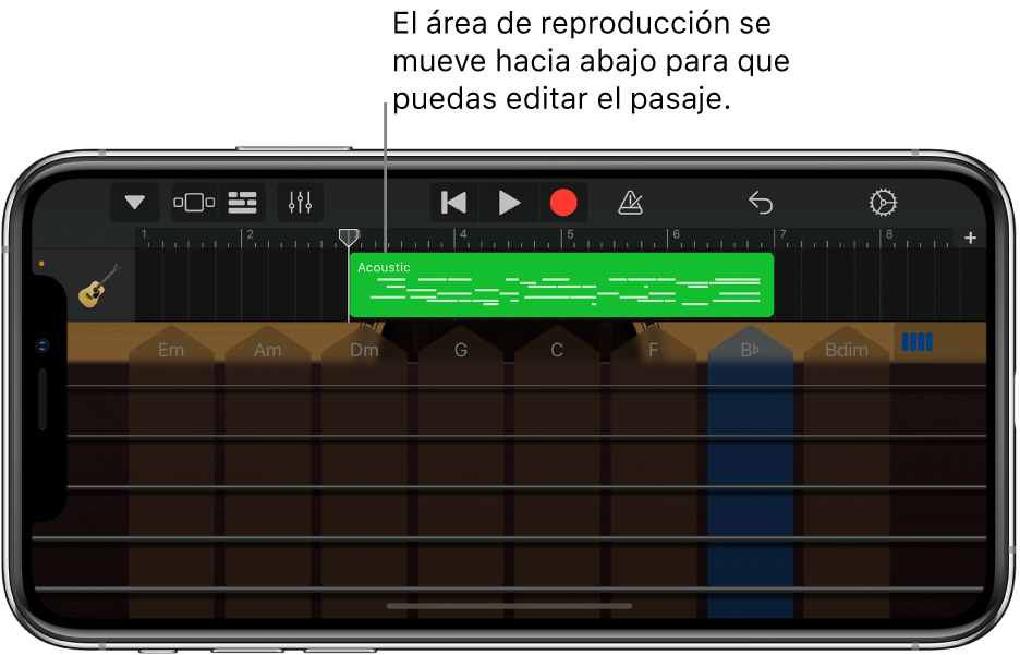 El área de reproducción se mueve hacia abajo, mostrando el pasaje