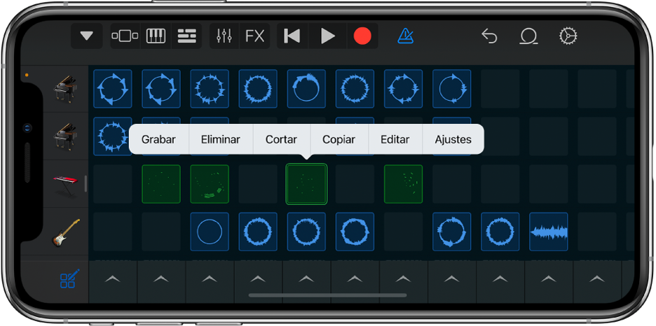 Figura. Parrilla de Live Loops con la edición de celdas activada.