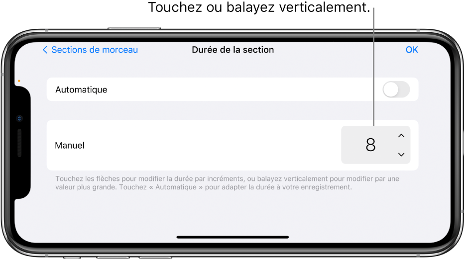 Commandes de modification de la durée d’une section de morceau