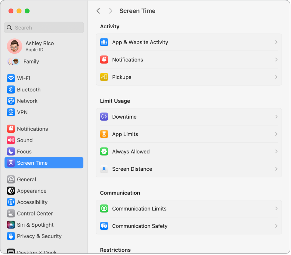  Una ventana de configuración de Tiempo en pantalla mostrando opciones para ver las Apps usadas, Notificaciones y Consultas, además de opciones para administrar Tiempo en pantalla, como programar Tiempo desactivado, configurar Límites para apps y Límites de comunicación, y más.