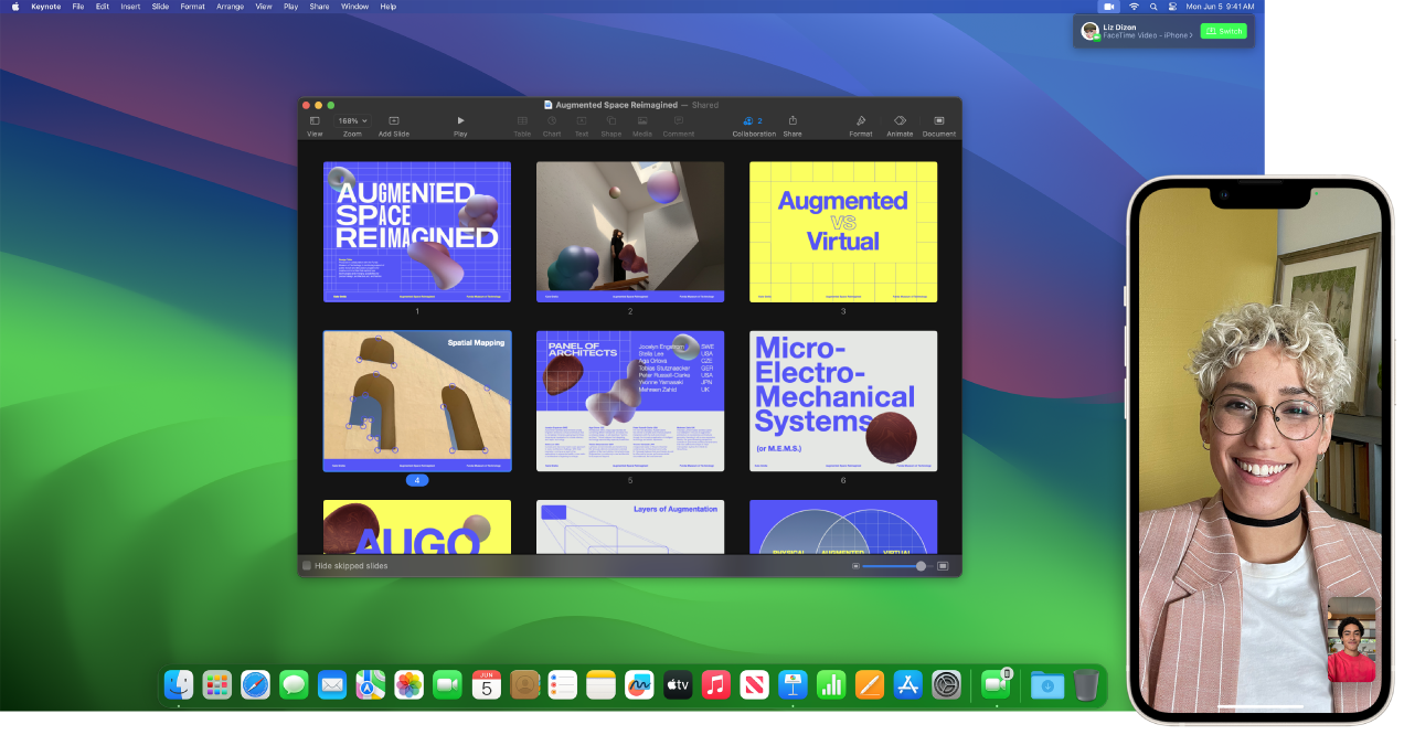 Una llamada de FaceTime en un iPhone junto al escritorio de una Mac con una ventana de Keynote abierta. En la esquina superior derecha de la Mac hay un botón para cambiar la llamada de FaceTime a la Mac.