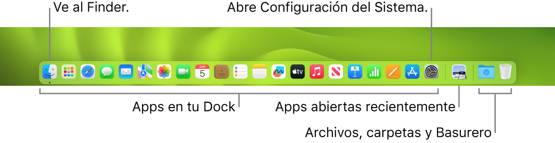 El Dock mostrando el Finder, Configuración del Sistema y la línea que divide las apps de las carpetas y archivos.