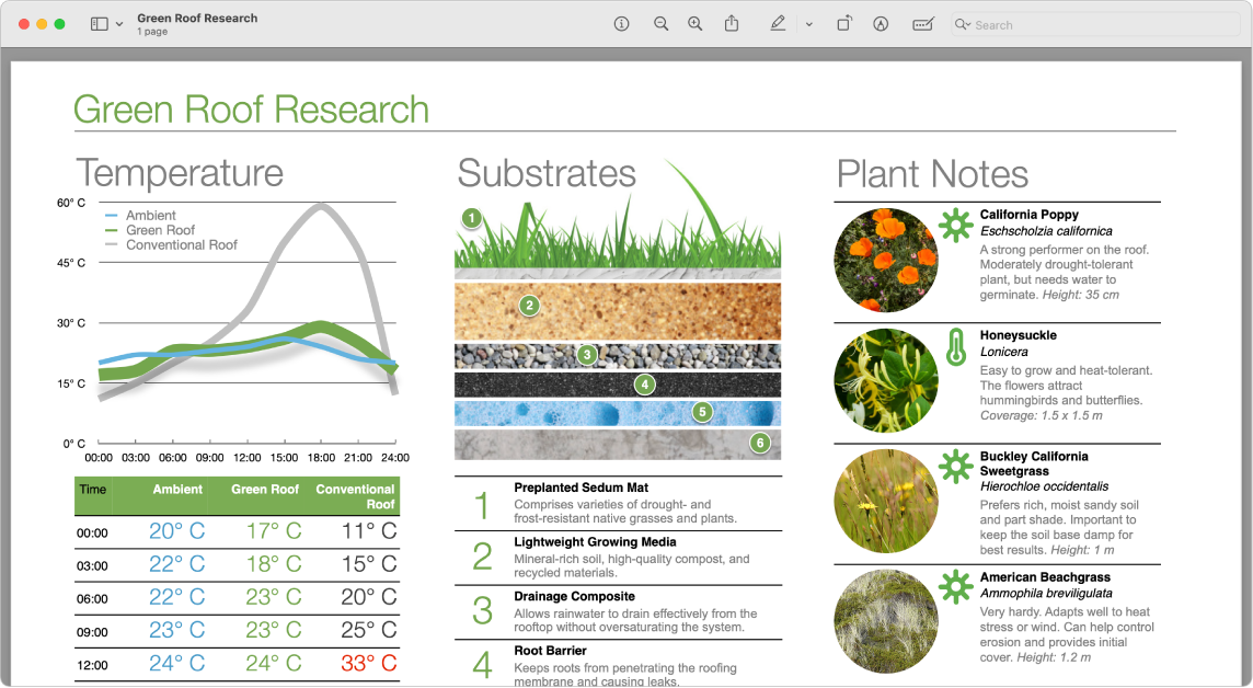 Una ventana de Vista Previa con un PDF titulado Investigación de techo verde.