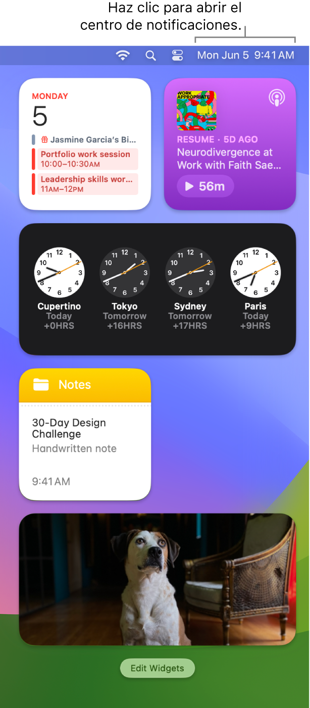 El centro de notificaciones con notificaciones y widgets de Calendario, Clima, Reloj y Tiempo en pantalla.