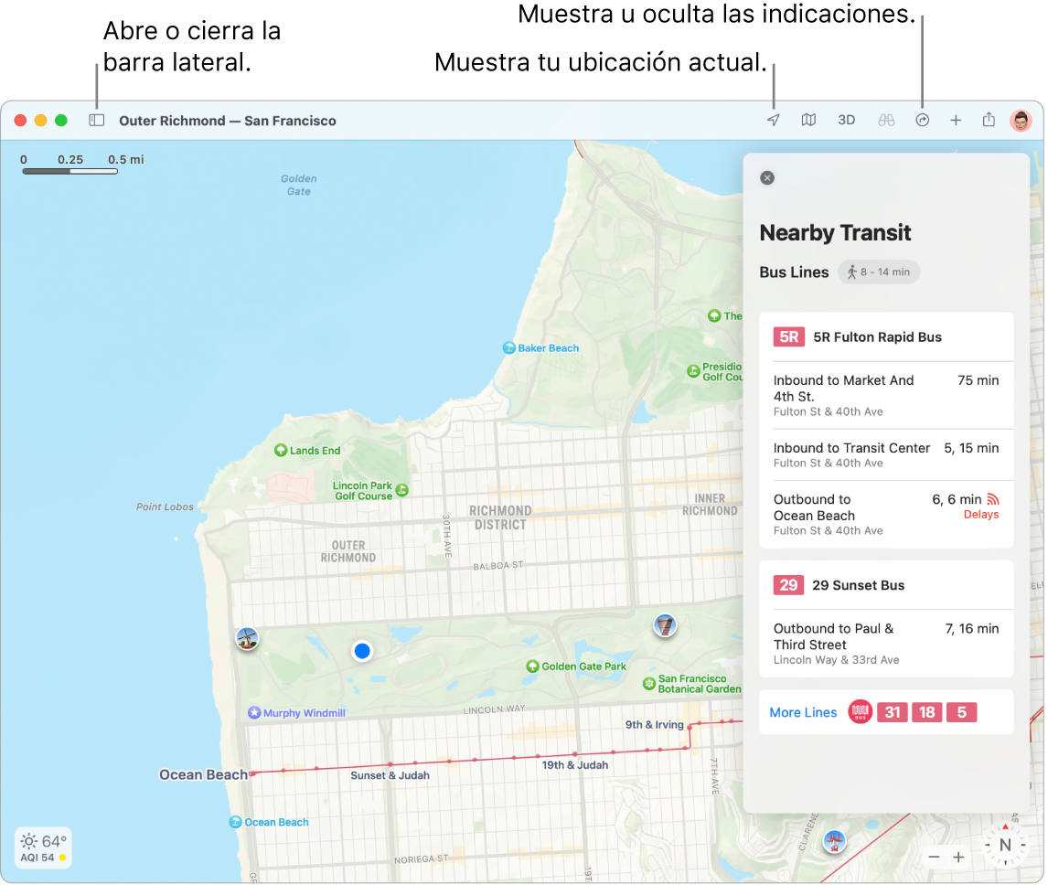 Una ventana de Mapas mostrando cómo obtener indicaciones haciendo clic en un destino en la barra lateral, cómo abrir y cerrar la barra lateral, y cómo ver tu ubicación actual en el mapa.