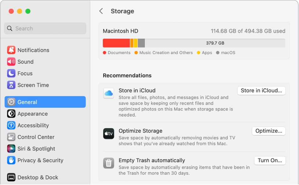 La configuración de Recomendaciones del almacenamiento mostrando las opciones Guardar en iCloud, Optimizar almacenamiento y Vaciar Basurero automáticamente.