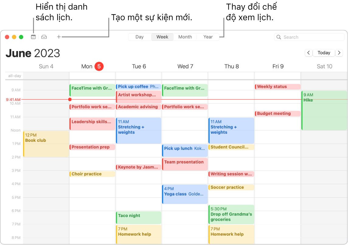 Một cửa sổ Lịch đang hiển thị danh sách lịch, cách tạo một sự kiện và cách chọn chế độ xem Ngày, Tuần, Tháng hoặc Năm.
