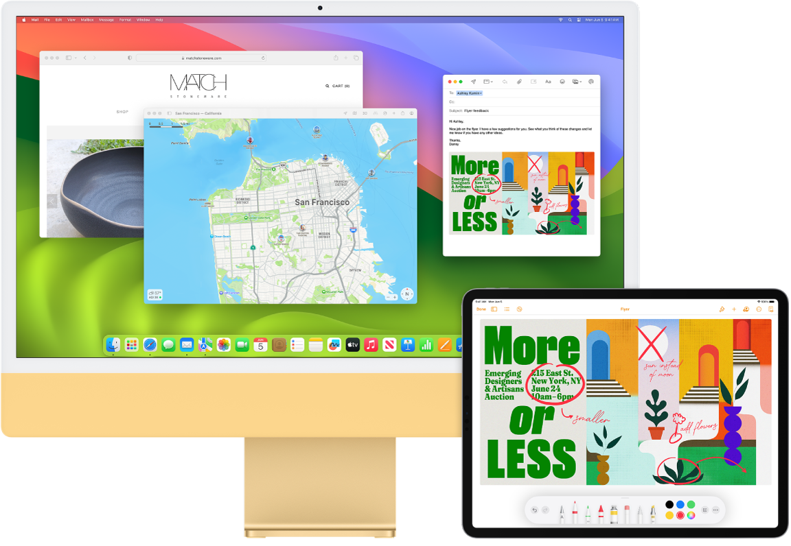 iMac và iPad bên cạnh nhau. Màn hình iPad đang hiển thị tờ rơi với các chú thích. Màn hình iMac có thư Mail với tờ rơi được chú thích từ iPad dưới dạng tệp đính kèm.