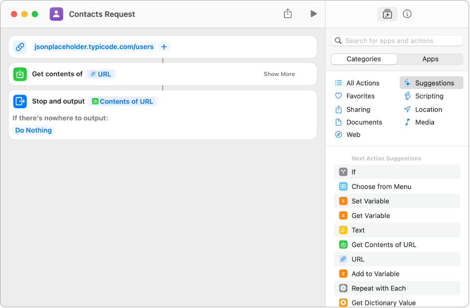 An API request that contains a URL action pointing at the API endpoint, followed by a Get Contents of URL action.