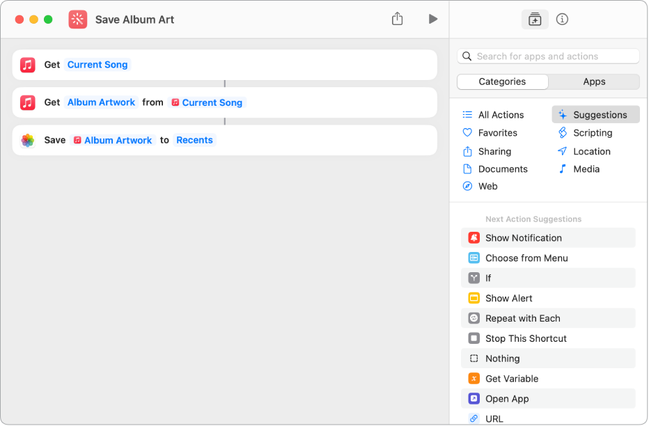 Example shortcut showing actions that extract content from an input.