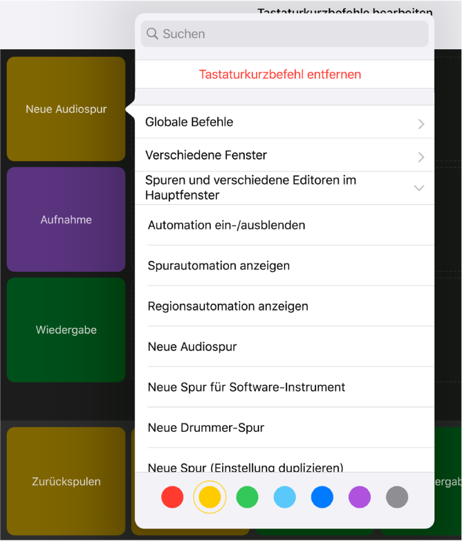 Abbildung. Einblendmenü „Tastaturkurzbefehle“.