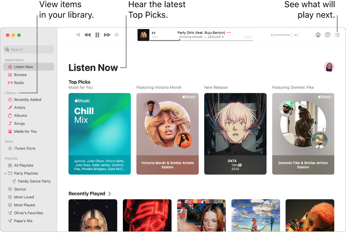 A Music app window showing how to view your library, listen to Apple Music, and see what will play next.