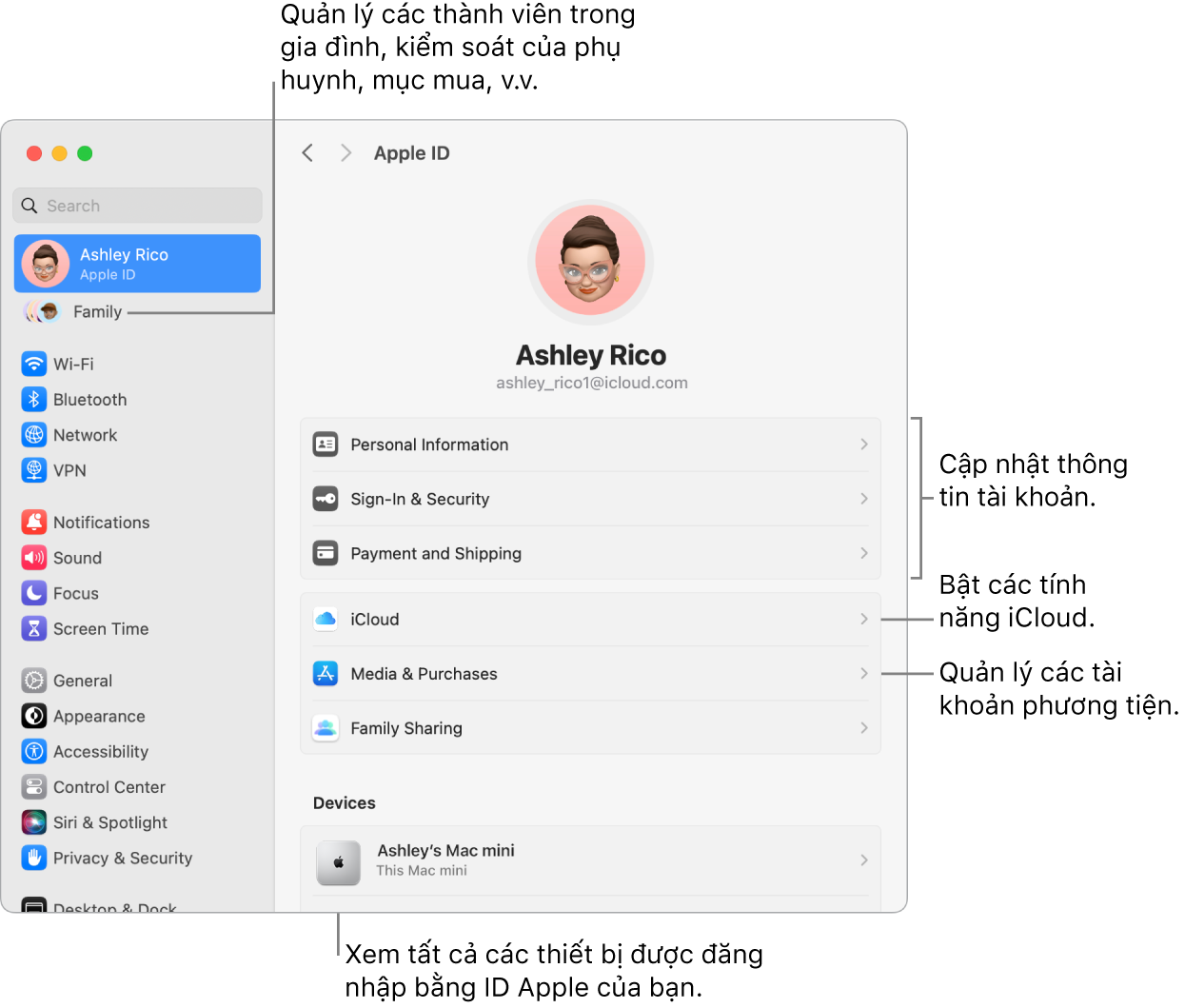 Cài đặt ID Apple trong Cài đặt hệ thống với các chú thích để cập nhật thông tin tài khoản, bật hoặc tắt các tính năng iCloud, quản lý các tài khoản phương tiện và Gia đình, là nơi bạn có thể quản lý các thành viên gia đình, kiểm soát của phụ huynh, mục mua, v.v.