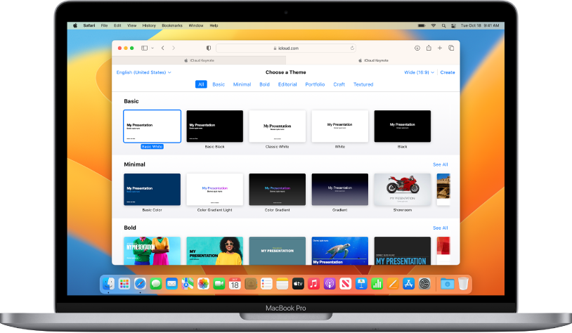 MacBook Pro with the Keynote theme chooser open on the screen. The first Basic theme is selected, and other basic themes appear to its right, and predesigned themes appear below in rows by category.