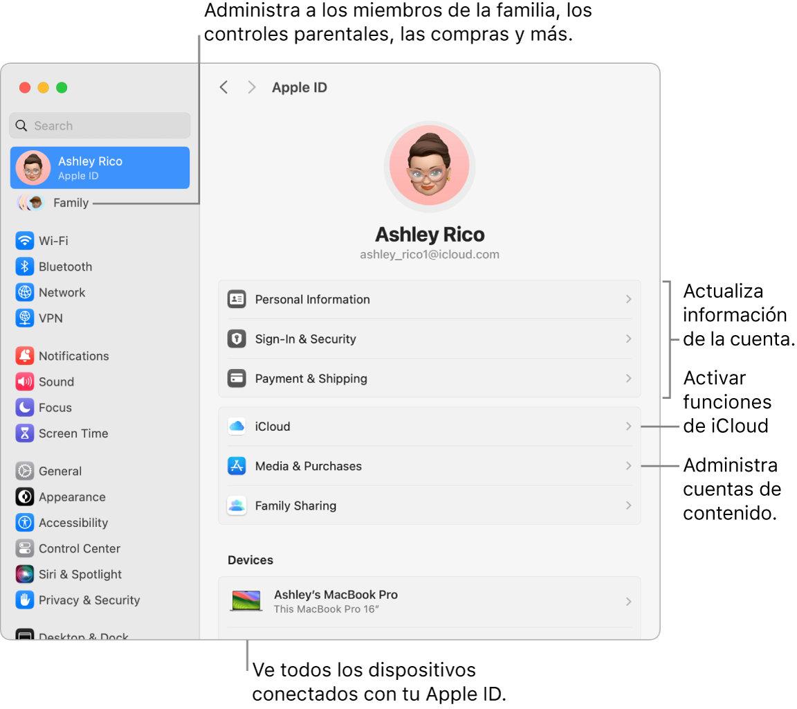 La configuración de Apple ID en Configuración del Sistema con textos para actualizar la información de la cuenta, activar o desactivar funciones de iCloud, administrar cuentas de contenido, y Familia, donde puedes administrar familiares, controles parentales, compras y más.