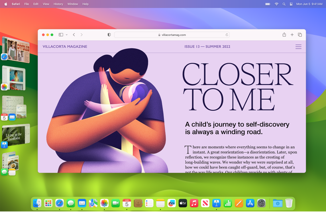 Écran affichant Safari au centre et d’autres apps ouvertes sur le côté gauche avec Stage Manager.