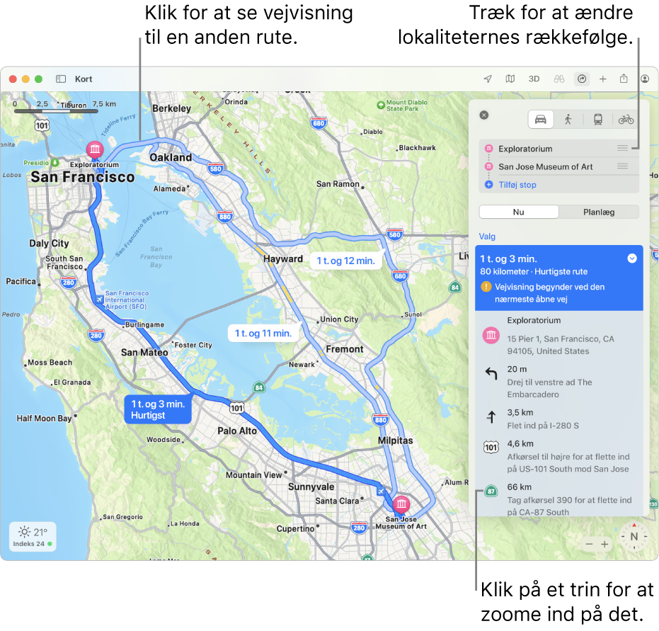 Et kort over San Francisco-området med vejvisninger til en kørerute mellem to lokaliteter. Alternative ruter vises også på kortet.