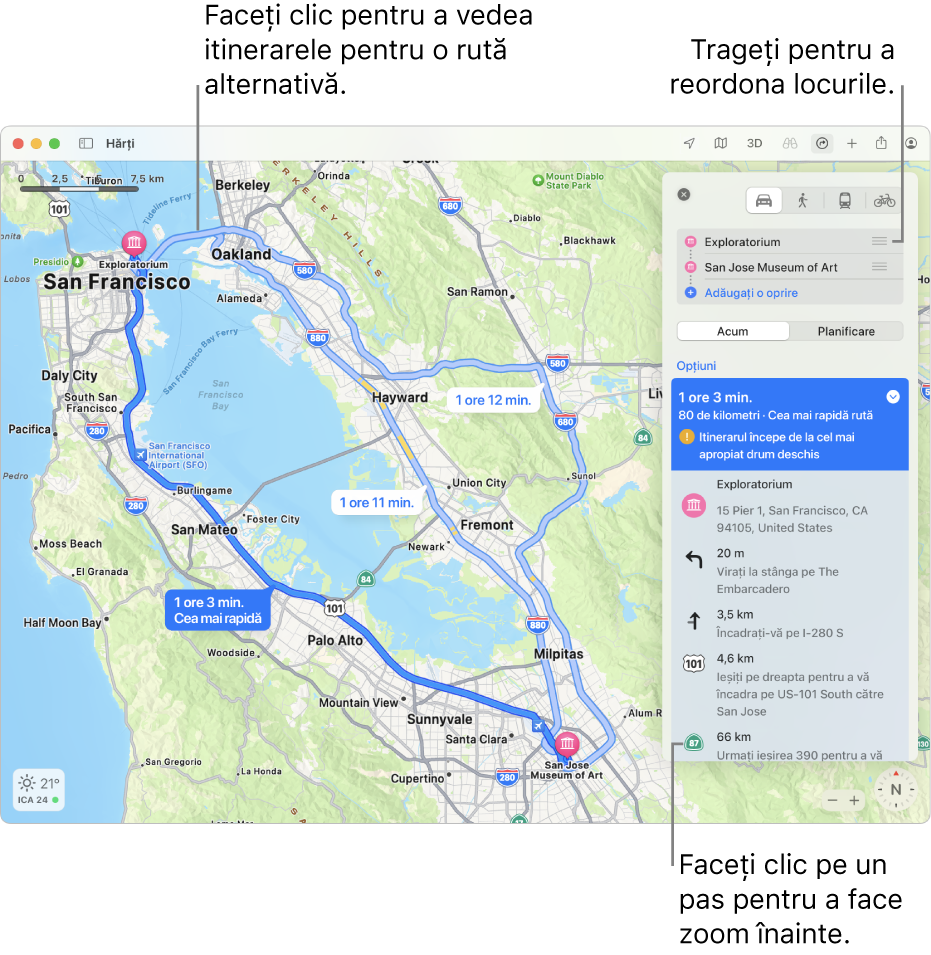 O hartă a zonei San Francisco cu itinerare pentru o rută auto între două locuri. Pe hartă sunt afișate și rutele alternative.