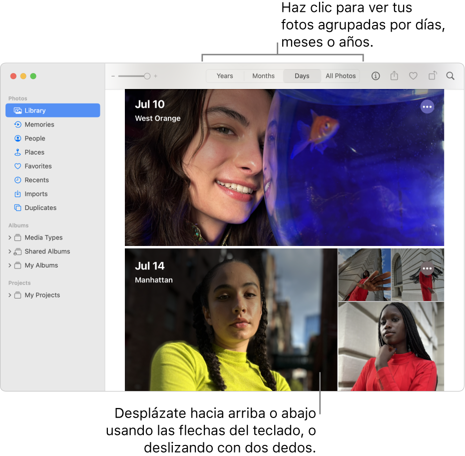 La ventana Fotos mostrando la opción Días seleccionada en la barra de herramientas y las fotos organizadas por fecha aparecen en el área principal de la ventana.