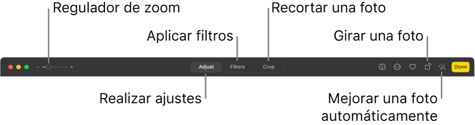 La barra de herramientas de Edición con un regulador de zoom y botones para realizar ajustes y añadir filtros, así como para recortar, girar y mejorar fotos.