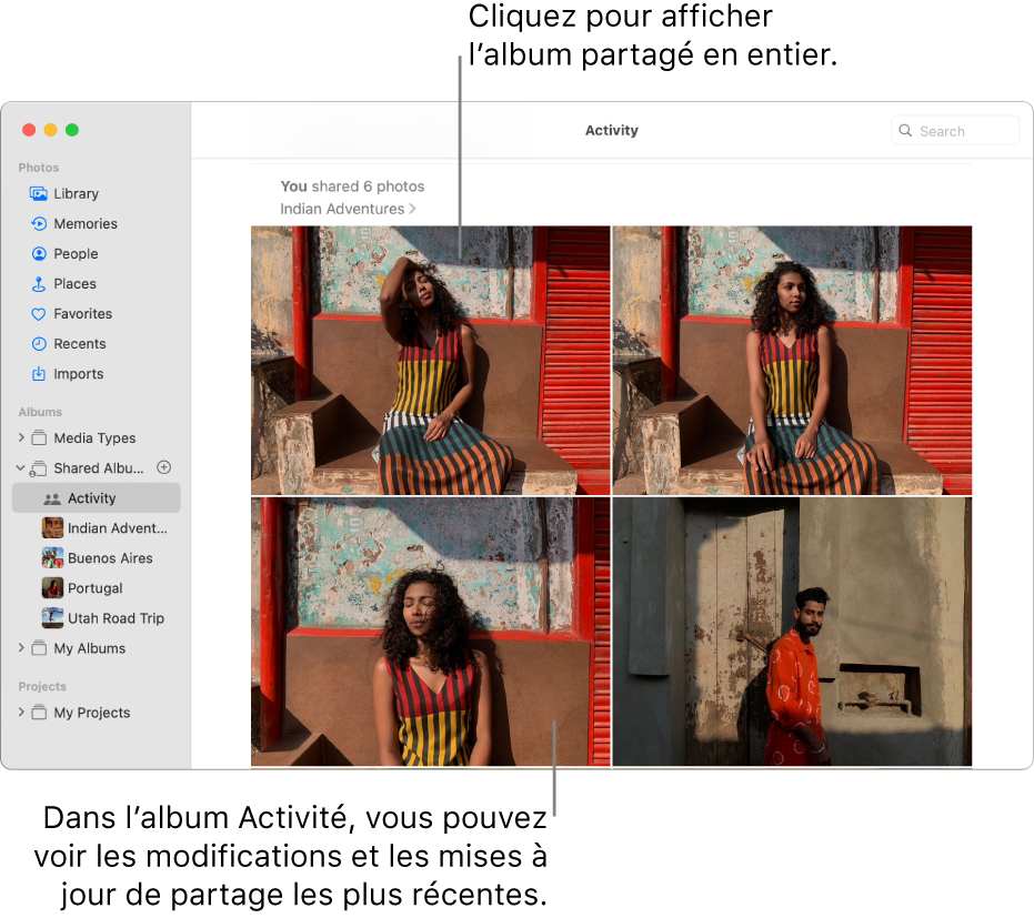 La fenêtre Photos avec Activité sélectionné dans la barre latérale et l’album Activité affiché à droite.