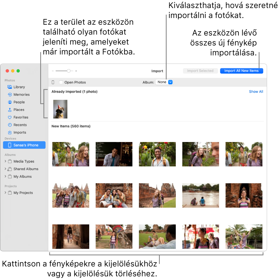 Az eszközön lévő, már importált fotók az Importálás ablak tetején jelennek meg; az új fotók az alján. Fent középen található az Album felugró menü. Az Összes új elem importálása gomb jobb oldalon fent található.