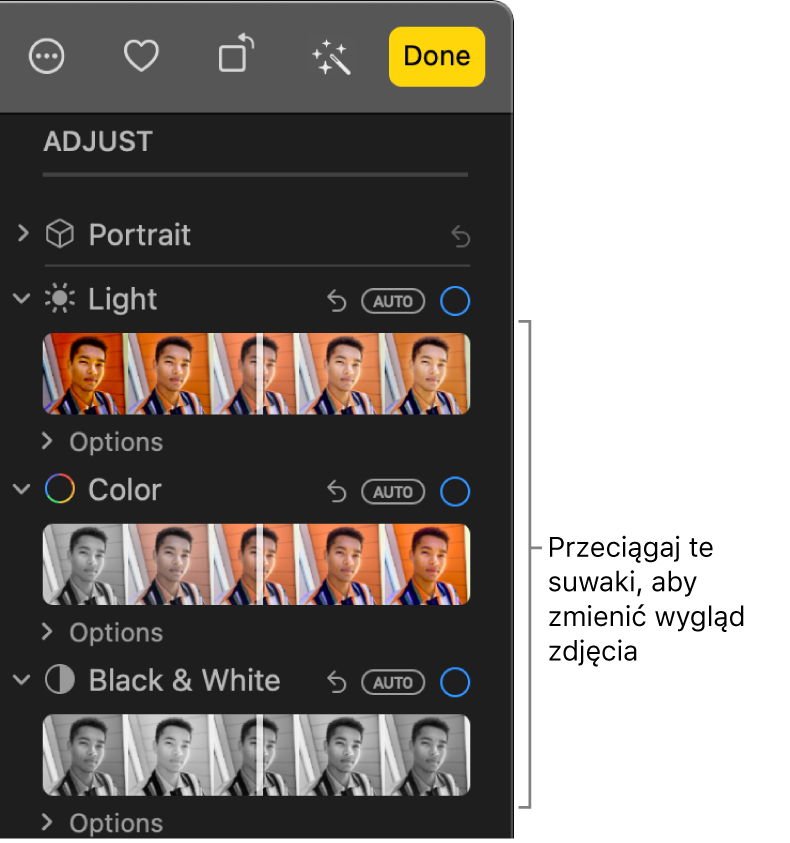 Suwaki Światło, Kolor oraz Czerń i biel w panelu Skoryguj. Nad każdym suwakiem widoczny jest przycisk Autom.