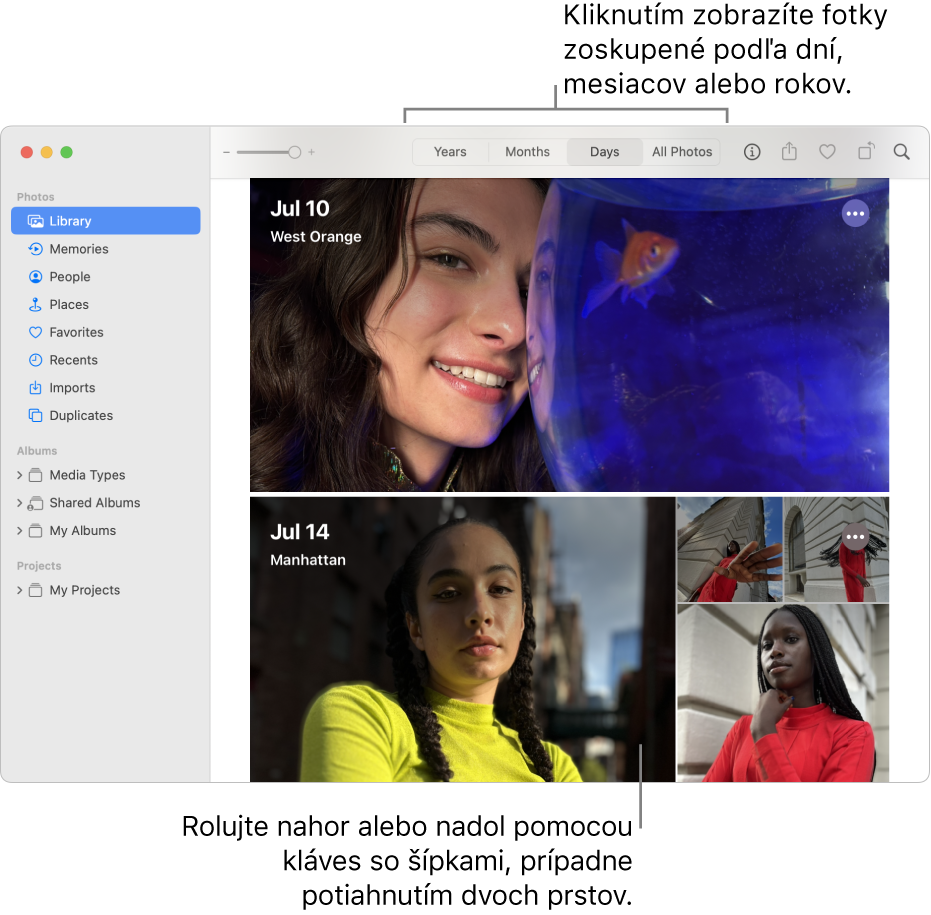 Okno apky Fotky zobrazujúce možnosť Dni, ktorá je vybratá v paneli s nástrojmi a fotky usporiadané podľa dátumu sa zobrazujú v hlavnej oblasti okna.