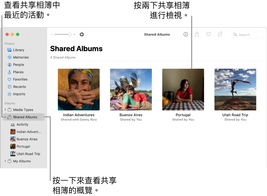「相片」視窗，顯示側邊欄中選取了「共享相簿」，而右側會顯示共享的相簿。