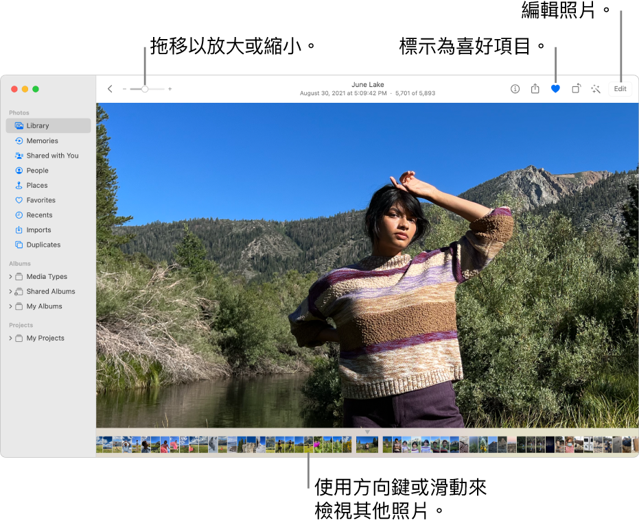 「照片」視窗在右側顯示放大的照片，下方則有一列縮覽圖。最上方的工具列包含「縮放」滑桿、「喜好項目」按鈕以及「編輯」按鈕。